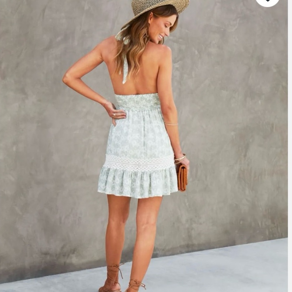 Vici Pale Mint Halter Mini Dress with White Lace